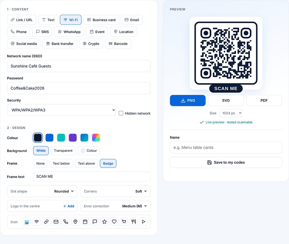 Wi-Fi 二维码：网络名称 Sunshine Café Guests、密码和加密方式 WPA/WPA2/WPA3，带 SCAN ME 的 Badge 边框。
