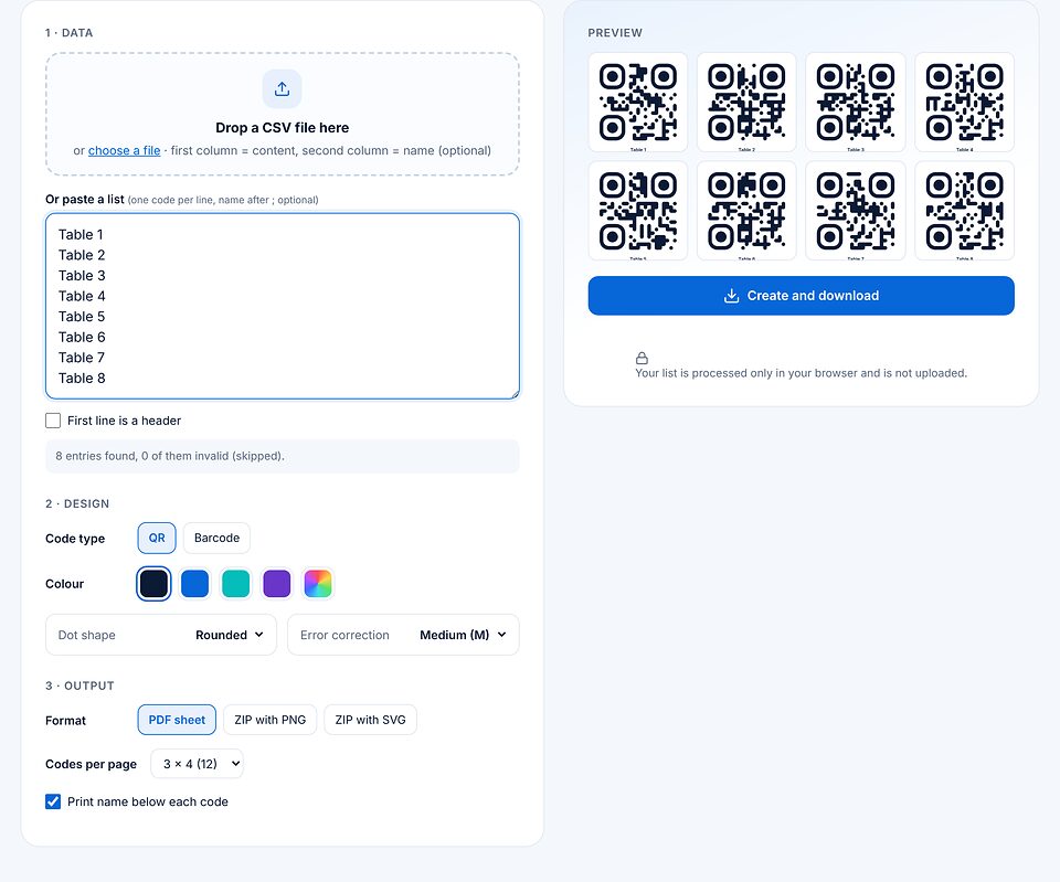 批量页面：Table 1 到 Table 8 的列表、样式设置、每页 12 个码的 PDF 输出，以及带名称的八个码的预览。